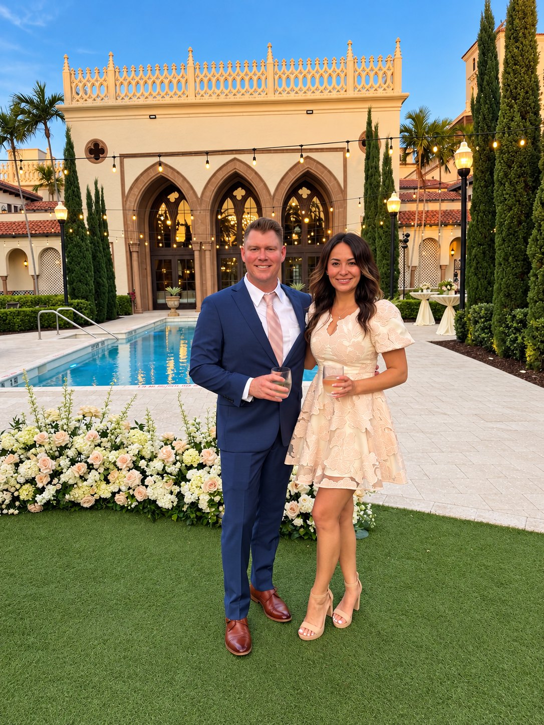 Ryan and Wendy dressed up in front of an arched Mediterranean building at sunset