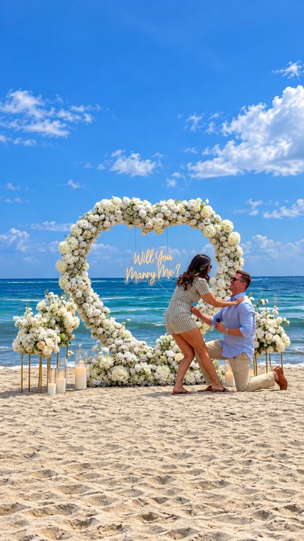 Ryan on one knee proposing to Wendy beneath the floral heart on the beach