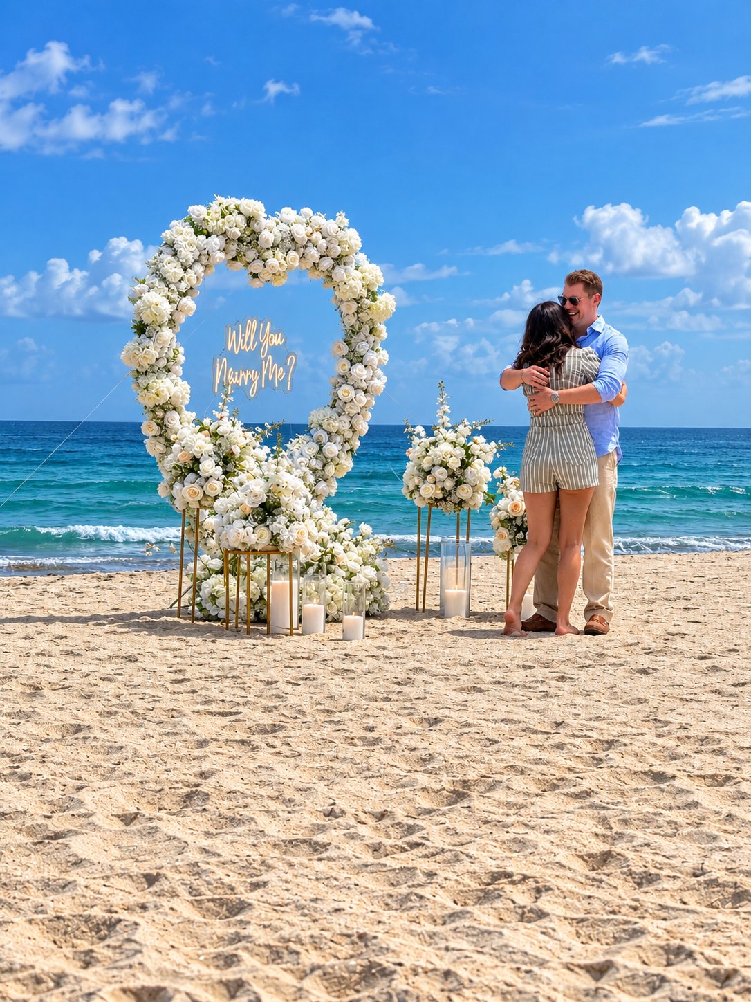 Ryan and Wendy embracing on the beach beside a white floral heart and a Will you marry me sign