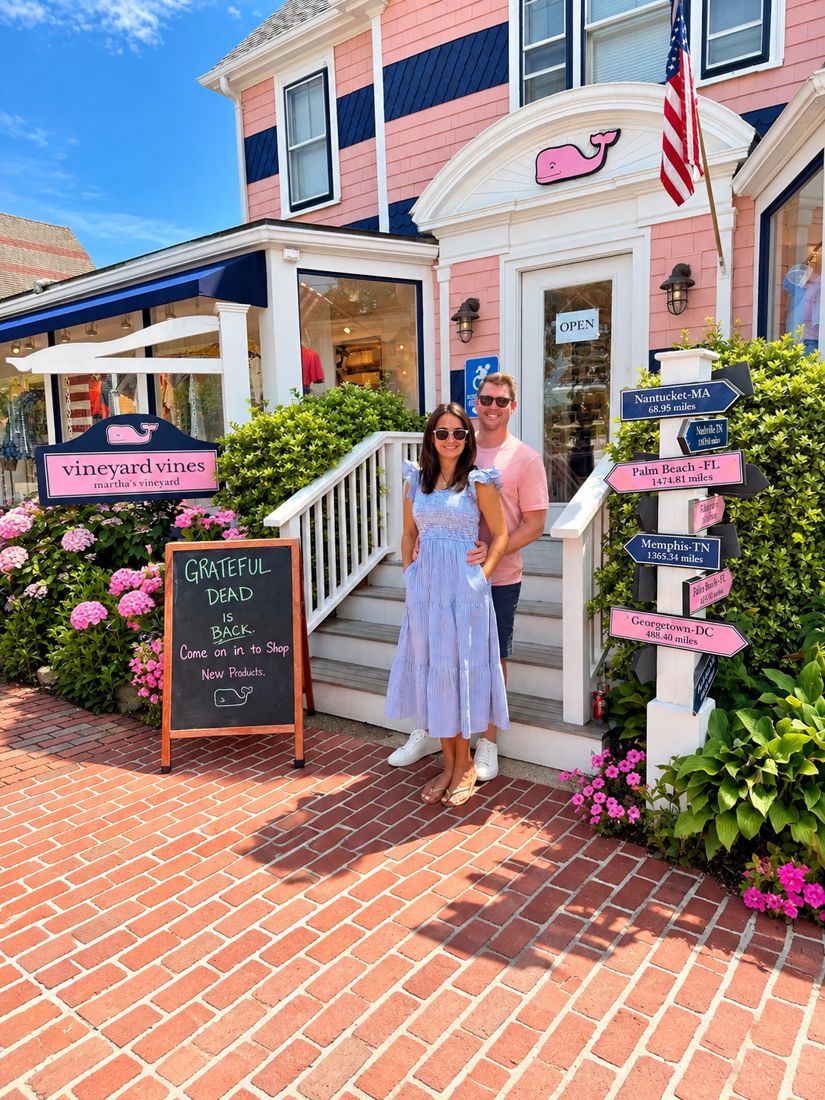 Ryan and Wendy outside a pink shop on Martha's Vineyard